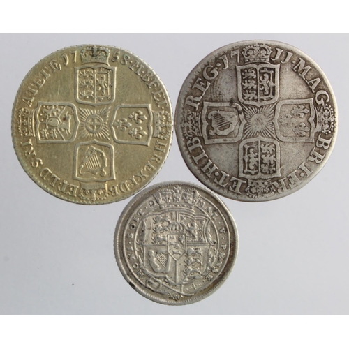 1105 - Early Milled silver (3): Shilling 1711 VG, Shilling 1758 VF faded gilding, and Sixpence 1817 VF scra... 