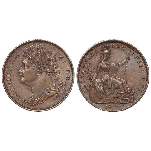 1111 - Farthing 1825 leaf ribs raised, toned EF