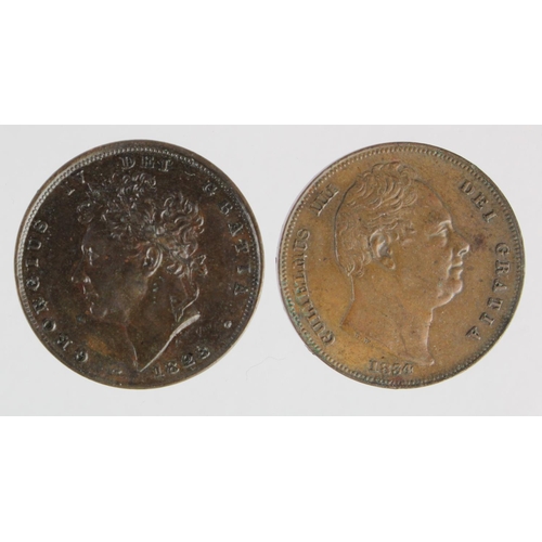 1112 - Farthings (2): 1828 nEF, a few surfac marks, and 1834 incuse saltire nEF