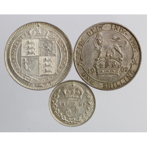 1123 - GB Silver (3): Shilling 1887 Jubilee GEF, Shilling 1902 VF, and Threepence 1897 nEF