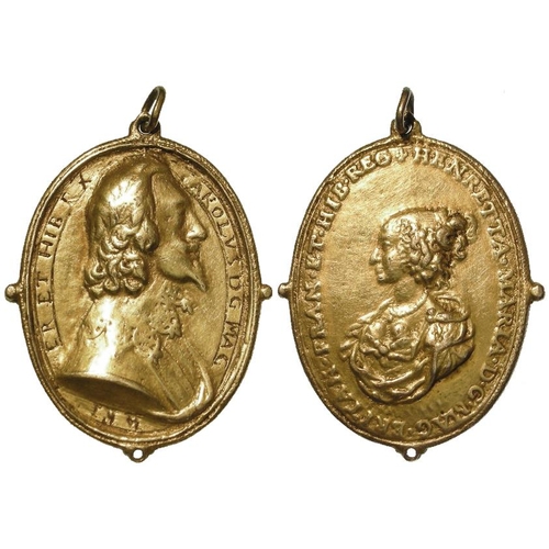 1740 - Charles I Royalist medal / collar badge, gilt silver or white metal d.32x42mm, 16.7g: Charles I bust... 