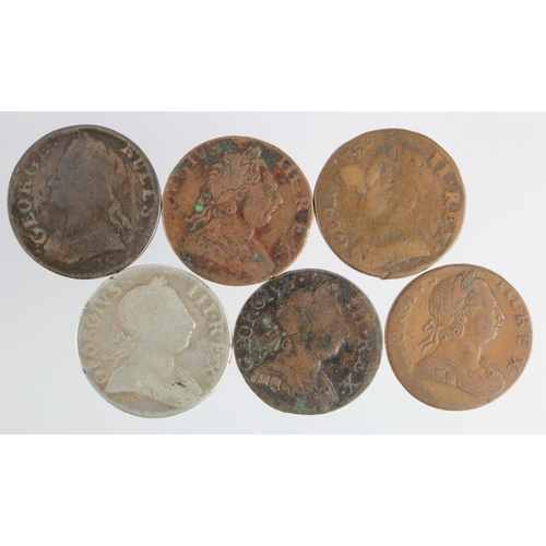 1745 - Contemporary Counterfeit Georgian Halfpennies and Evasions (6) including one in white metal, or silv... 