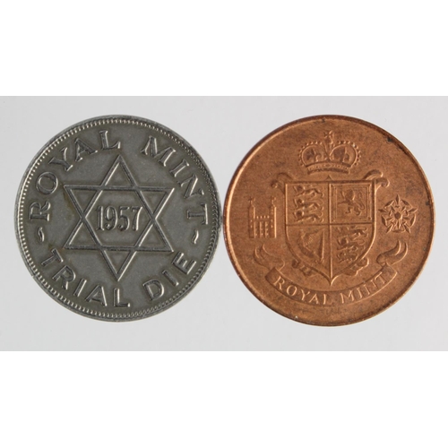 1782 - Royal Mint Trial Pieces (2): Trial Die 1957 white metal d.25.5mm EF, and a different design in bronz... 