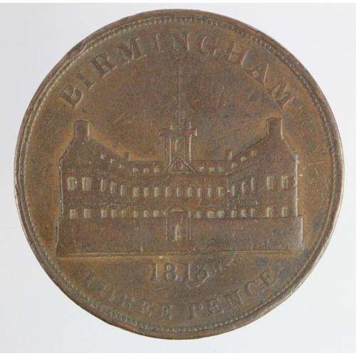 1790 - Token, 19thC: Birmingham Workhouse large copper Threepence 1813 nVF with knocks and marks.