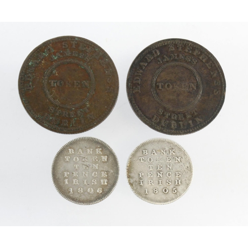 1801 - Tokens of Ireland (4): 2x silver Ten Pence Bank Tokens 1805 Fine and 1806 VF; and 2x copper Pennies ... 