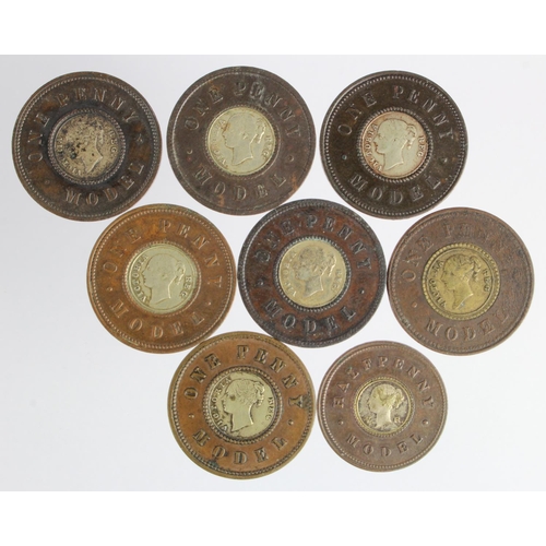 1806 - Tokens, 19thC: 7x bi-metallic Model Pennies, and a Model Halfpenny.