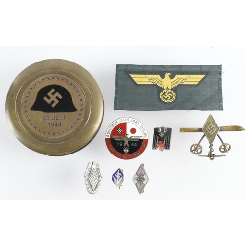 258 - German Nazi dated compass, various pin badges including Hitler Youth, etc.  (8 items)