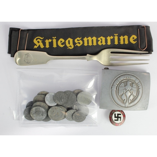 261 - German Nazi items including a Hitler Youth belt buckle converted to an eagle & fleur-de-lys, maker m... 