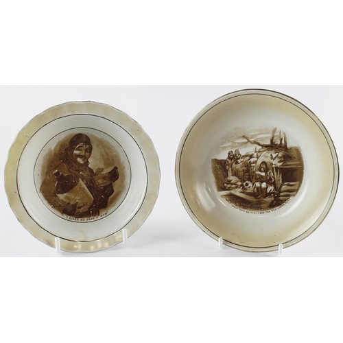 483 - Bruce Bairnsfather WW1 period, 2x pottery dishes (saucers?) both have interesting scenes, one is sta... 