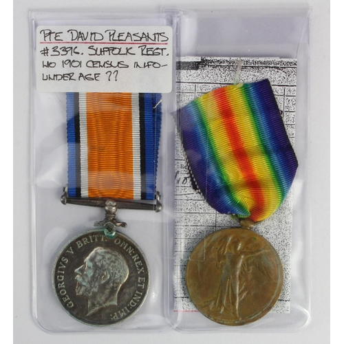 485 - BWM & Victory Medal (3396 Pte D C Pleasants Suffolks). Served with 5th Bn. Contact marks to BWM and ... 