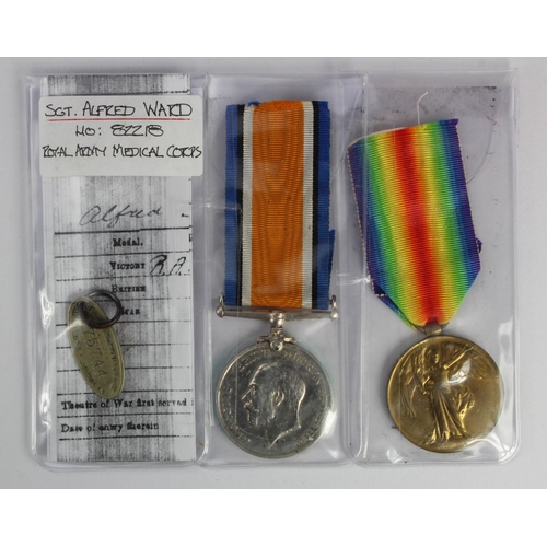 487 - BWM & Victory Medal (82218 Sjt A E Ward RAMC).   (2)