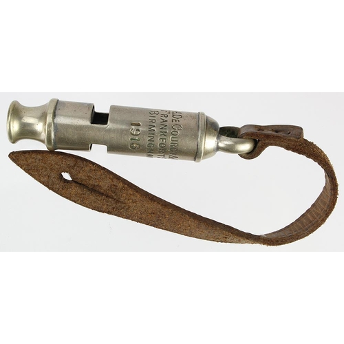 685 - Whistle marked 'A. De Courcy & Co Frankfort St Birmingham 1916'. With leather strap