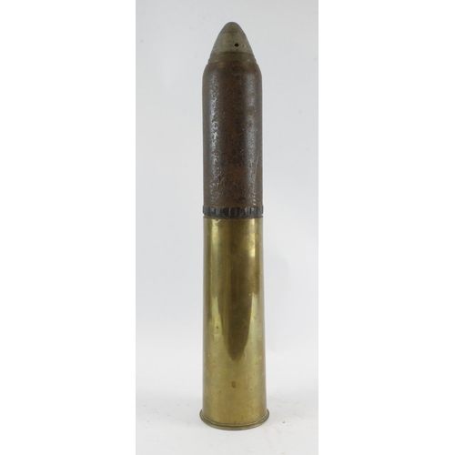 687 - WW1 18pd shrapnel shell head with brass case, deactivated.