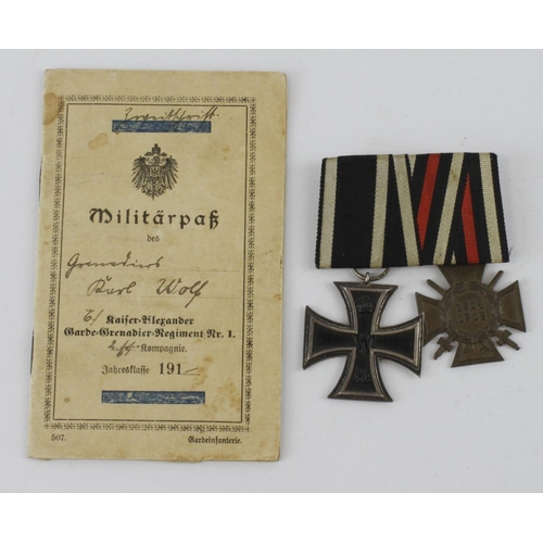 721 - WW1 German groups to Karl Wolf 1st Guards Reg with Iron Cross 2nd class, Cross of Honour, Miliarpak ... 