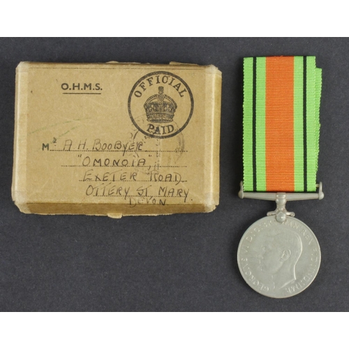 750 - WW2 boxed Defence Medal for Alfred Henry Boobyer, born Norton, Somerset. A Metropolitan Police Const... 