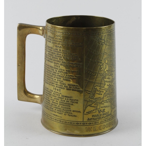 756 - WW2 brass commemorative tankard 'V-E World War II Battlefields of Europe' and inscribed 'W.E.Cooper ... 