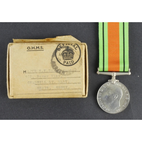 768 - WW2 Defence Medal boxed for Major Eric Kenyon. Major / Act Lt Col 3rd Bn Essex Home Guard (Stanford-... 