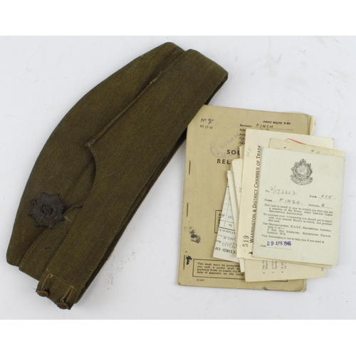 875 - WW2 RASC soldiers side hat with plastic economy badge with soldiers service documents to S/173333 Pt... 