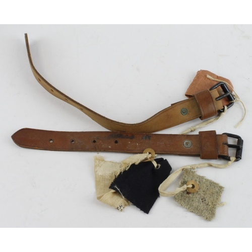 887 - WW2 sealed pattern leather straps one dated 1943 both with RAOC wax seals, purpose unknown.