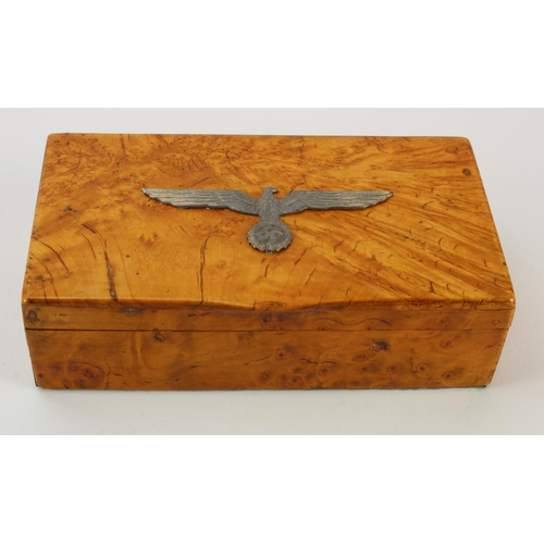 895 - WW2 German Nazi Cigarette box burr Mable with a Nazi eagle badge affixed to lid.