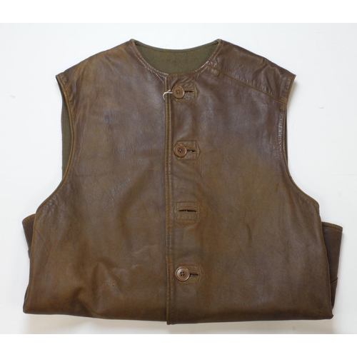 480 - British WW2 leather Jerkin vest, stamped inside 'P W arrow D 179'.  VGC