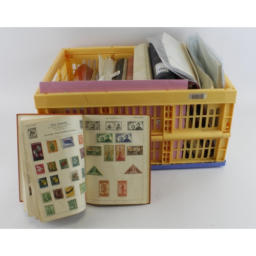 151 - Large folding plastic crate with a varied mix of British Commonwealth. Ring Binders, stock books and... 