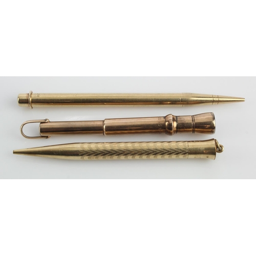 1087 - Stamped 9ct yellow gold pencil, length 10.5cm, weight 19g. Gold filled propelling pencil, length 9cm... 