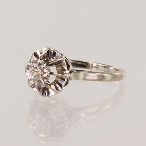 120 - White gold (tests 18ct) antique diamond solitaire ring, set with one old cut approx 0.56ct, estimate... 