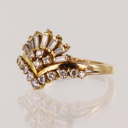 166 - Yellow gold (tests 14ct) diamond wishbone dress ring, set with eight baguette cuts and fifteen round... 