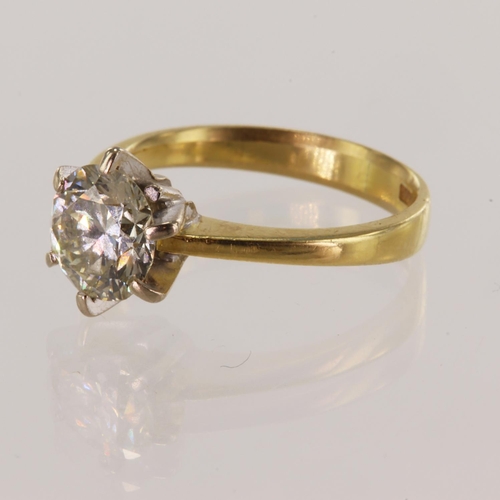 171 - Yellow gold (tests 18ct) diamond solitaire ring, round brilliant cut diamond, spread approx 1.35ct -... 