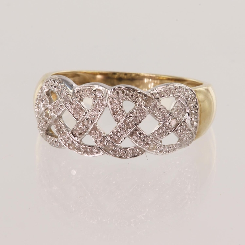 201 - 9ct yellow gold diamond dress ring, white gold open work top highlighted with diamonds, width 8mm, f... 