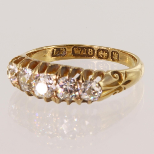 214 - 18ct yellow gold Victorian five stone, five graduating old cut diamonds, TDW approx 1ct, estimated c... 