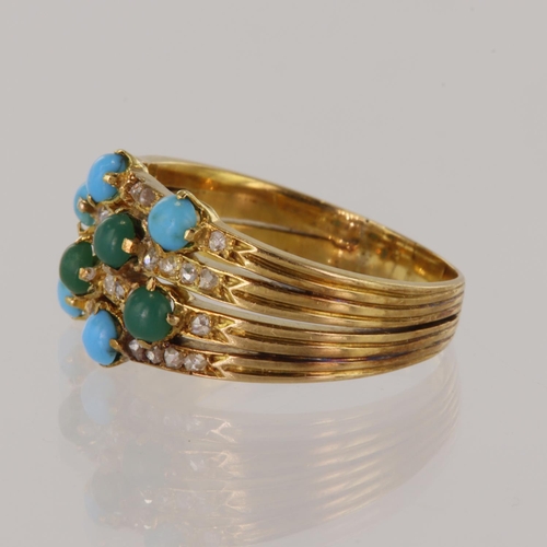 232 - Yellow gold (tests 18ct) diamond and turquoise scatter ring, four rows set with a total of eight rou... 