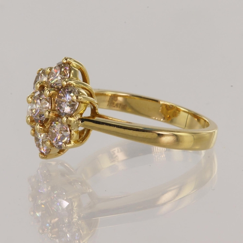 306 - Yellow gold (tests 18ct) diamond daisy cluster ring, TDW approx 2.16ct, seven round brilliant cut di... 