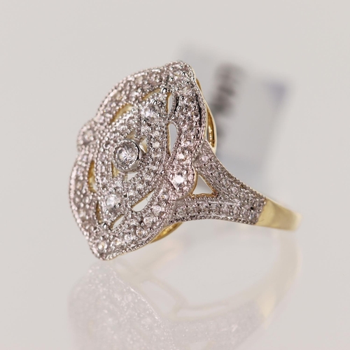 318 - 9ct yellow gold vintage style zircon cluster ring, white zircons set in navette cluster and split sh... 