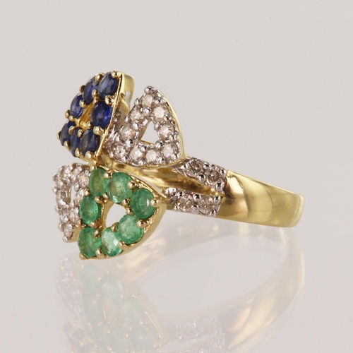 38 - Yellow gold (tests 14ct) diamond, sapphire and emerald dress ring, twenty-six round brilliant cut di... 