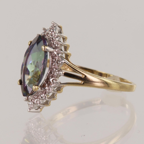 48 - 9ct yellow gold diamond and mystic topaz cluster ring, marquise shaped topaz measues 12mm x 6mm, whi... 