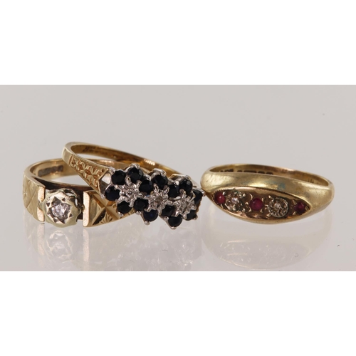 507 - Three 9ct yellow gold vintage rings, stones include diamond, sapphire and ruby, total weight 7g.