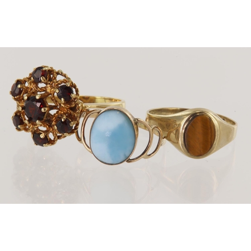 515 - Three 9ct gold/tests 9ct rings, stones include tigers eye, larimar and garnet, finger sizes K, K/L a... 