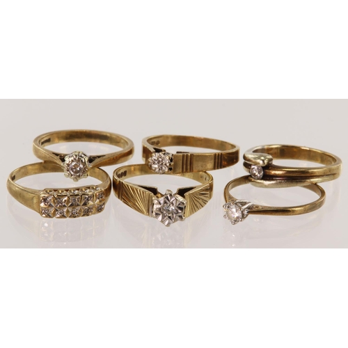 518 - Six 9ct gold diamond rings, total weight 15g.