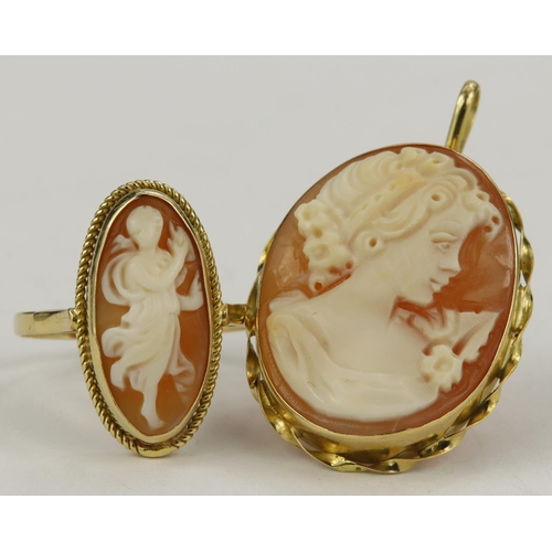 528 - 18ct / tests as 18ct Cameo brooch/pendant & ring. Total weight 7.7g