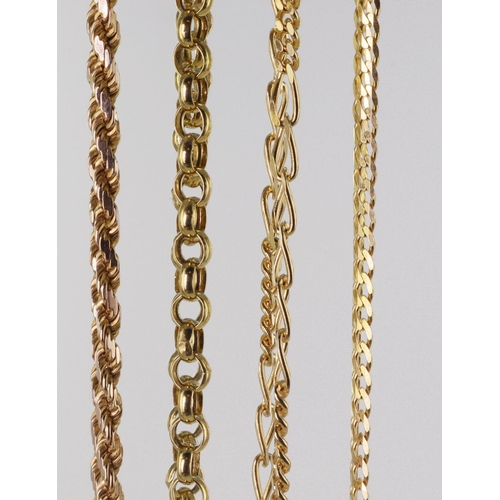 529 - Four 9ct yellow gold chains, rope length 19.5