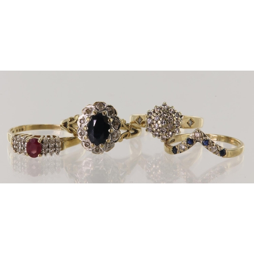 536 - Four 9ct gold rings, stones include diamond, ruby and sapphire, finger sizes I/J, J, M/N and N, tota... 