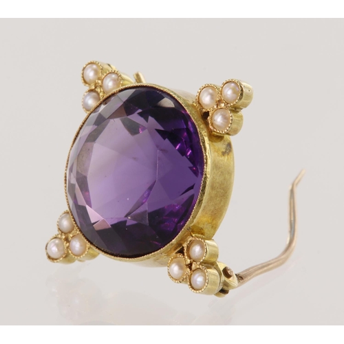 598 - Yellow gold (tests 15ct) antique amethyst and pearl brooch, round amethyst measures 16mm, approx 16c... 