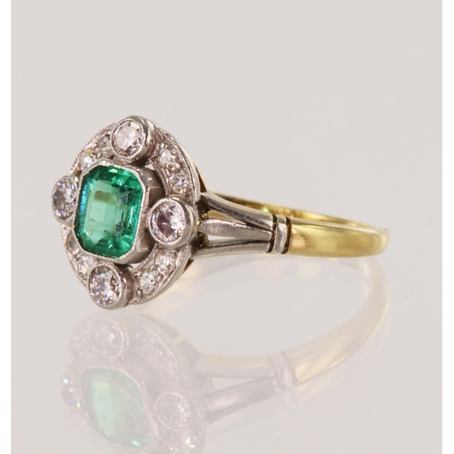 67 - Yellow gold (tests 18ct) Art Deco emerald and diamond target cluster ring, emerald-cut emerald measu... 