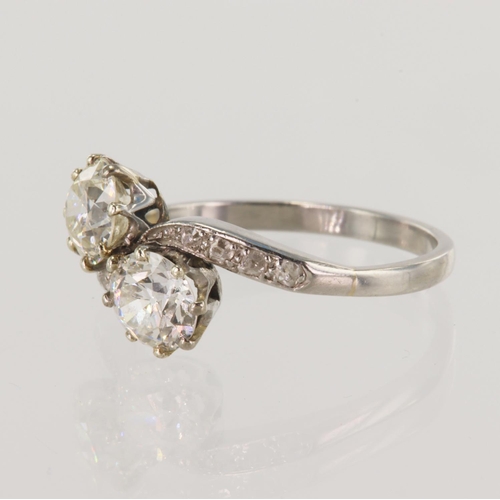 81 - Platinum (tests 950 ) vintage Toi Et Moi diamond ring, TDW approx 1.66ct, two old cut diamonds appor... 