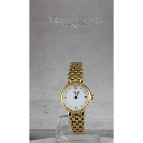 839 - Ladies 18ct cased Longines quartz wristwatch (purchased 2004), No. L6 107 6. The white enamel and di... 