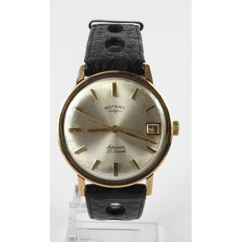 840 - Gents 9ct cased Rotary automatic wristwatch. The silver dial with gilt baton markers and date apertu... 