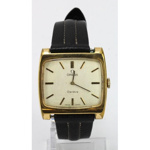 849 - Gents gold plated Omega Geneve manual wind wristwatch circa 1972/73. The square 34mm dial with baton... 