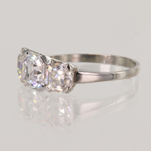 97 - Platinum (tests 950) diamond trilogy ring, set with three antique Asscher cut diamonds TDW approx 2.... 